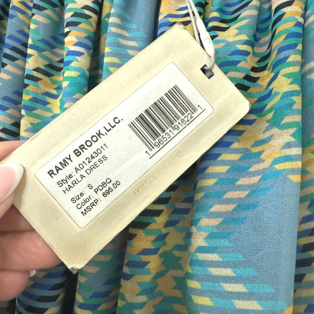RAMY BROOK Harla Dress Blue Multicolor Pleated Boho Puff Sleeve Fairycore NWT S - Picture 4 of 11